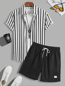 Men's Colorblock Striped Print Button Front Shirt & Shorts Set, Casual Short Sleeve Collared Top & Shorts, Men's Summer Clothes for Tropical Beach Vacation Menswear