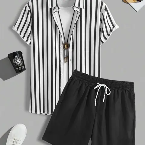 Men's Colorblock Striped Print Button Front Shirt & Drawstring Shorts Set, Casual Short Sleeve Collared Top & Shorts, Men's Summer Clothes for Tropical Beach Vacation Co Ord Sets Menswear