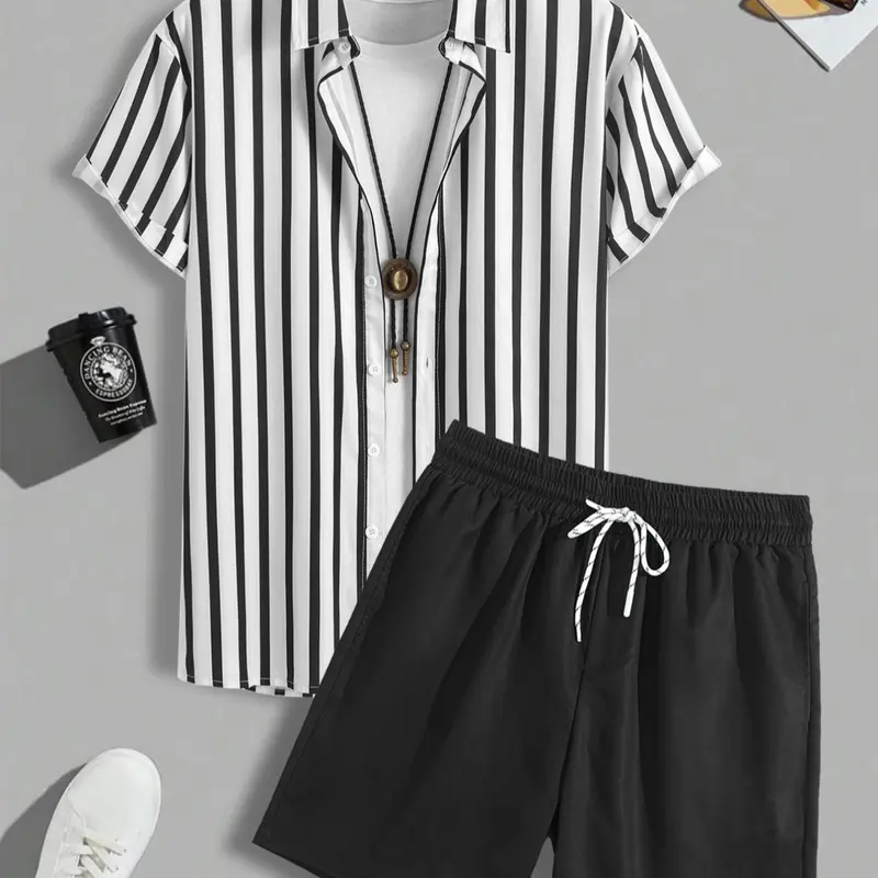 Men's Colorblock Striped Print Button Front Shirt & Drawstring Shorts Set, Casual Short Sleeve Collared Top & Shorts, Men's Summer Clothes for Tropical Beach Vacation Co Ord Sets Menswear