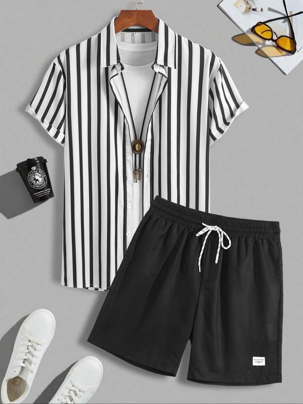 Men's Colorblock Striped Print Button Front Shirt & Shorts Set, Casual Short Sleeve Collared Top & Shorts, Men's Summer Clothes for Beach Vacation