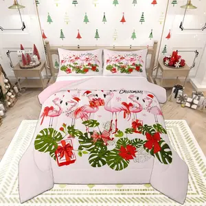 Merry Christmas Comforter Set,Pink Flamingo Cartoon Bird Animal Bedding Set,Kids Boys Men,Winter Snowflake Green Leaves Quilted Duvet Set