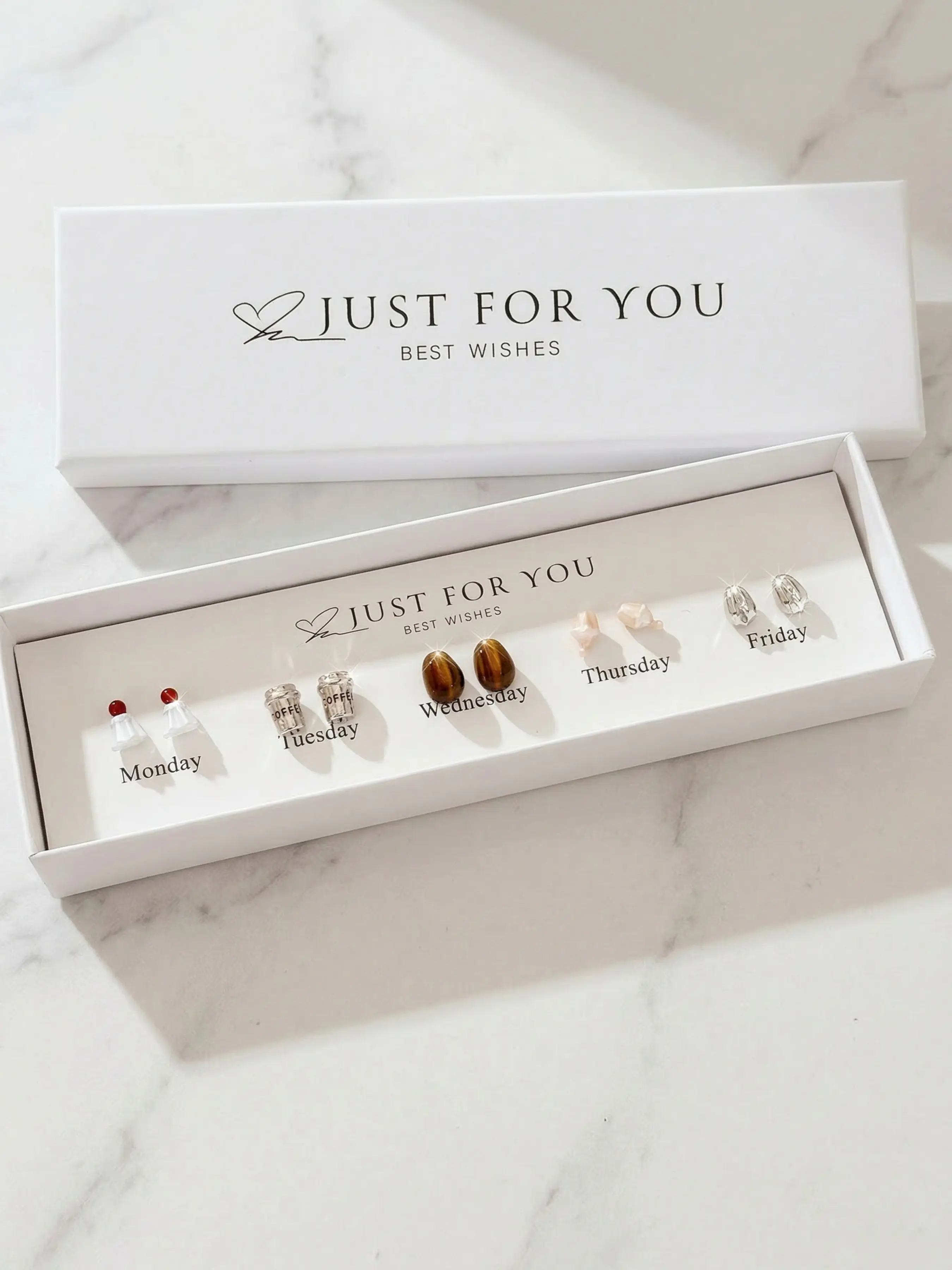 Weekday Stud Earring Gift Box, Coffee Theme Design, Cute Commuter Accessory Set, Steel Material, All Seasons Wear