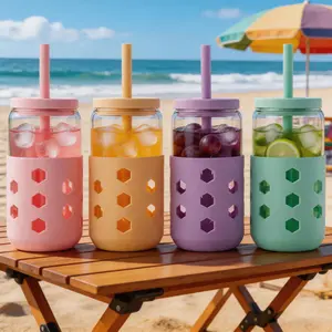 Mrsdry Glass Cups with Lids and Straws 4 Pcs, 16oz & 20oz Iced Coffee Glasses Set with Silicone Sleeves, Reusable Tumbler for Home Bar Accessories, Gift