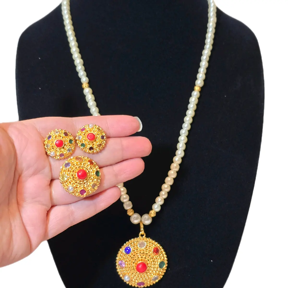 Traditional Nepali faux pearl navratna necklace set