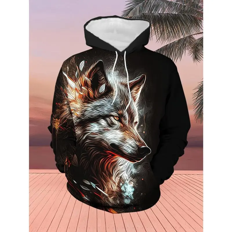 Men's wolf print hoodie and sweatpants set - casual streetwear, polyester blend, machine washable - perfect choice for spring and autumn seasons Men's wolf print hoodie and sweatpants set - casual streetwear, polyester blend, machine washable - perfect choice for spring and autumn seasons