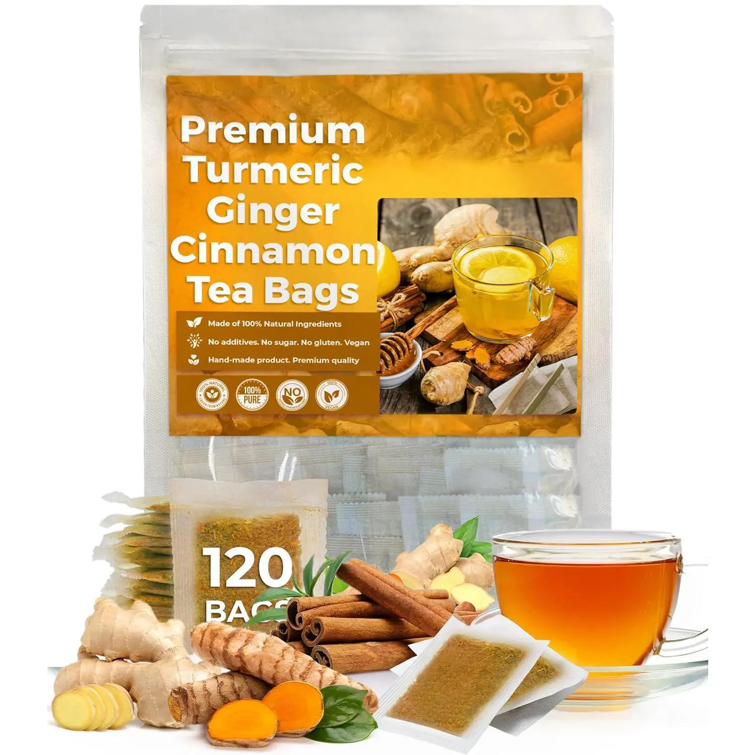 Premium Turmeric Ginger Cinnamon Tea Bags - 120 Count - 100% Natural Ingredients - Handmade Vegan Chinese Herbal Blend - No Additives Sugar Gluten Caffeine