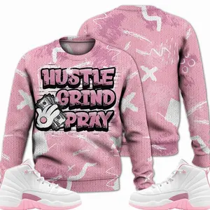 12 Medium Pearl Pink Ugly Sweater, Medium Pearl Pink 12s Outfits Shirt, Hustles Grind Pray Streetwear Unisex Sneaker Matching Shirts