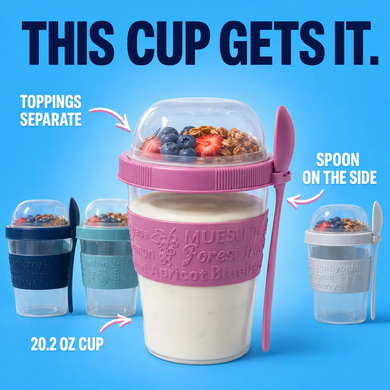 4 Pack 20.2 oz Yogurt Parfait Cups with Topping Compartments, Lids & Spoons — Reusable Leak-Proof Meal Prep Cups