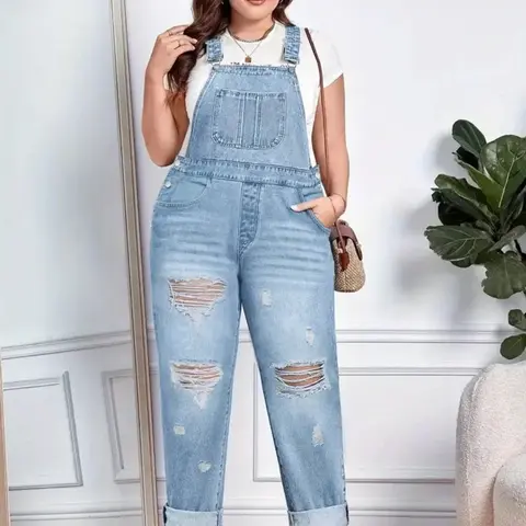 Plus Size Women's Fashion Basic Washed Denim Overalls, Casual Loose-Fitting Ripped Jeans, All Seasons Wear, Perfect for Dates and