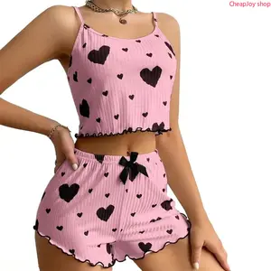 2-Piece Spaghetti Strap Pajama Set, 2026 New Summer Heart Print Camisole & Shorts, Lightweight Sleeveless Loungewear, Cute Youthful Nightwear, Soft Casual Sleepwear for Home Relaxation & Rest