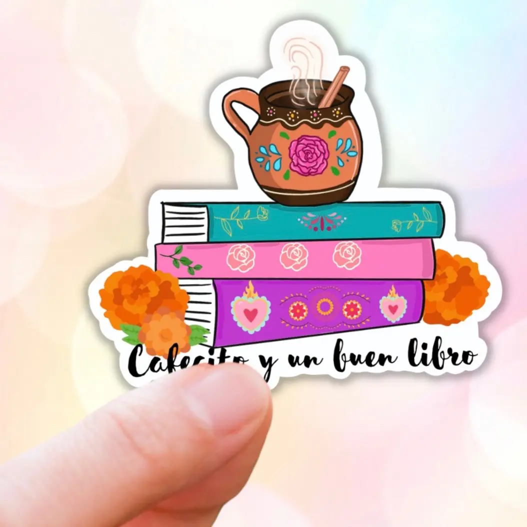 Cafecito y un buen libro sticker 3”, cute latin stickers, spanglish, bookish, bookworm,spanish stickers,stocking stuffer, latin friend gift ideas, water bottle stickers