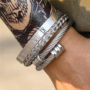 3PCS Stainless Steel Bracelets for Men Gold Roman Numeral Bangle Bracelet Twisted Cable Bracelet Adjustable Cuff Bracelet Mens Luxury Jewelry Bracelets Gifts