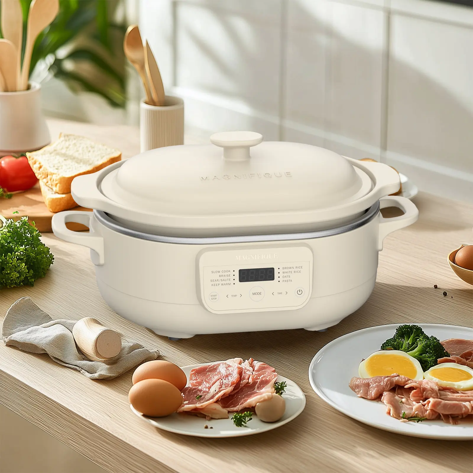 MAGNIFIQUE 8-in-1 Programmable Multi-Cooker - Multifunction Cooking System with Nonstick Oven-Safe Pot (Up to 500°F), Casserole Capability, and Wooden Spoon