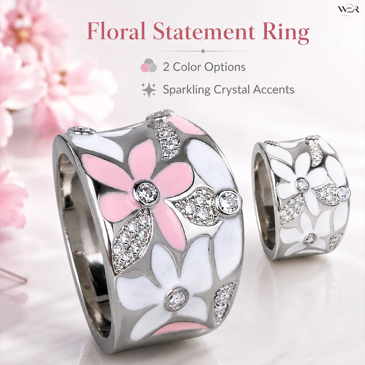 Women's Floral Enamel Flowers Statement Ring - Pink & White Silver Tone, Crystal Accents, Romantic, Lightweight, Comfortable, Versatile, Female Summer Gift for Daily Wear & Special Occasion Costume Jewelry Accessory, Perfect Costume Jewelry Accessory, Rom