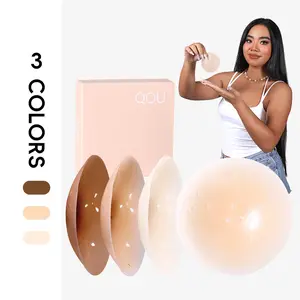 QOU Breathable Comfort Silicone Nipple Covers with Travel Box, Waterproof Cream Comfort Fitted Silicone Reusable Bra Pads for Women