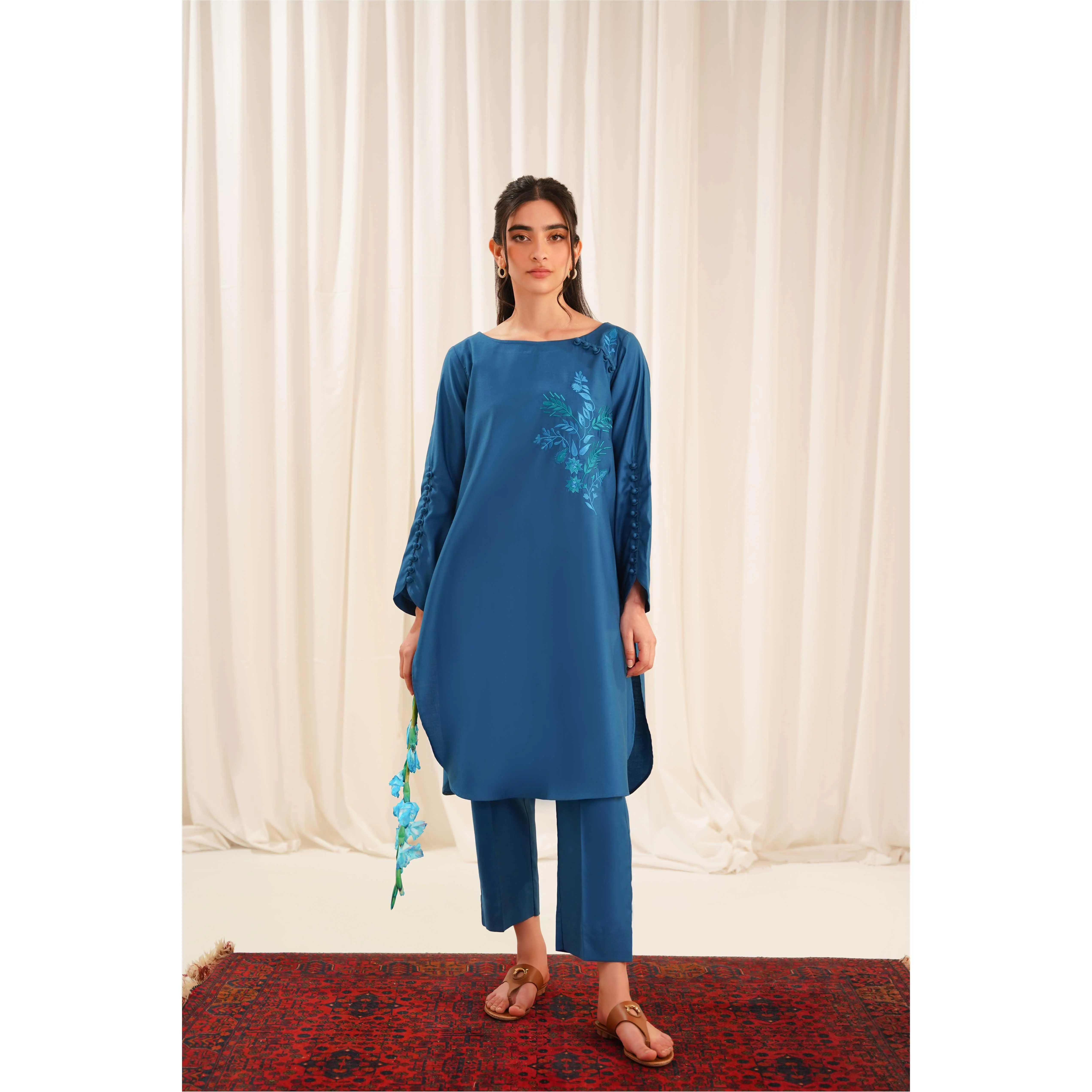 Embroidered Teal Thristle Set Womenswear Pakistani Shalwar Kamaz Kurti Kurta