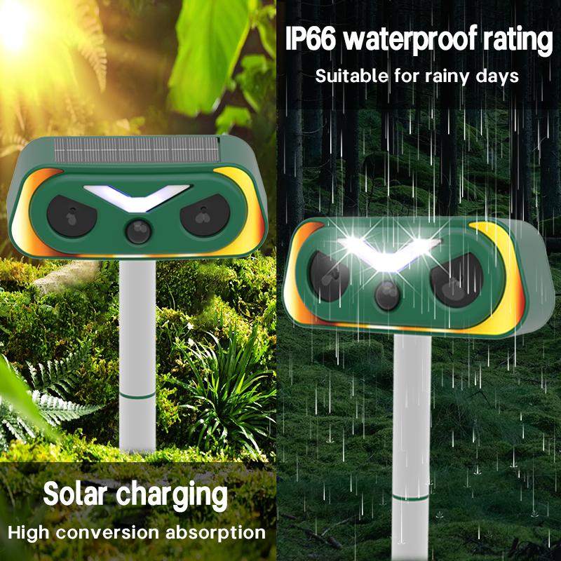 Solar Ultrasonic Flame Lamp Animal Repeller - Home Essentials, 3-9M PIR Motion Sensor, IP66 Waterproof Outdoor Pest Control Stake for Yard, Garden, Repels Squirrels, Deer, Birds, Rats, Weasels, Mosquitoes