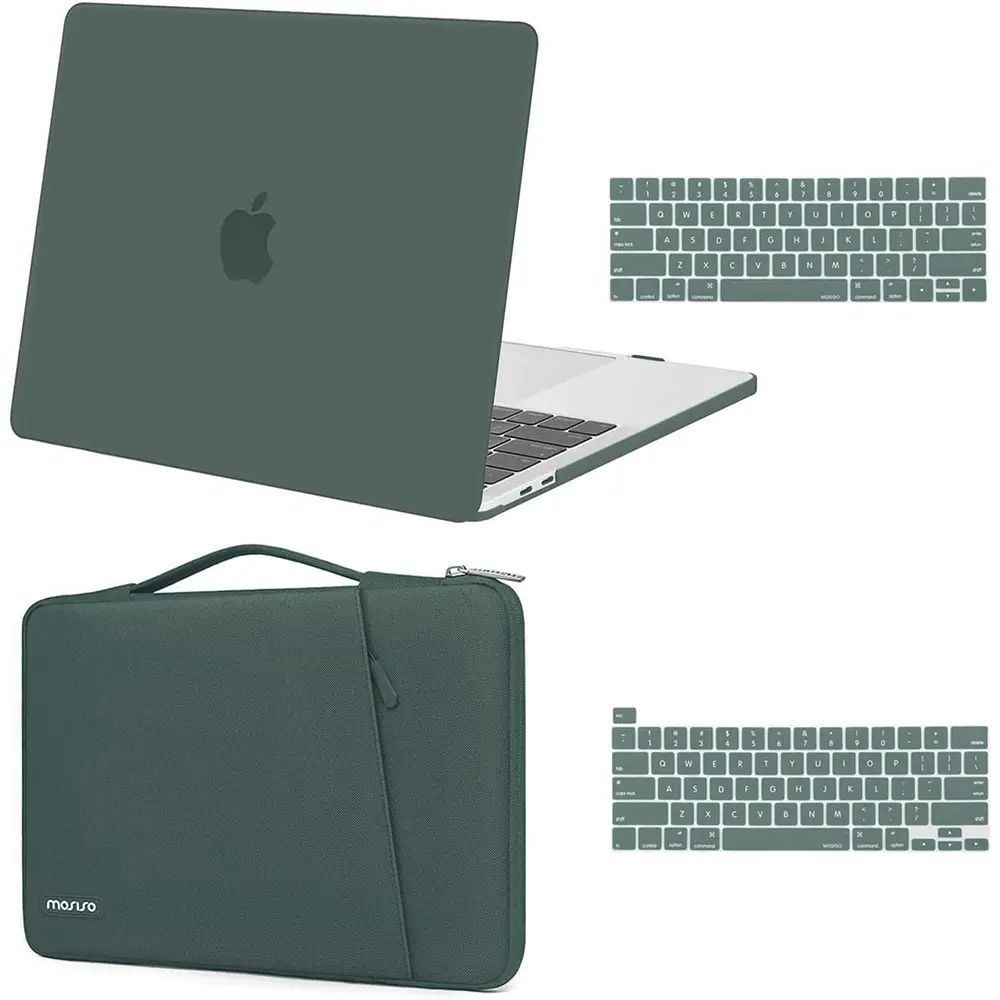 MOSISO Compatible with MacBook Pro 13 inch Case M2 2026, 2025, 2024-2016 A2338 M1 A2251 A2289 A2159 A1989 A1708 A1706, Plastic Hard Case & 360 Protective Sleeve Bag & Keyboard Skin, Midnight Green, Commuting, Lightweight, Water Resistant, Polycarbonate