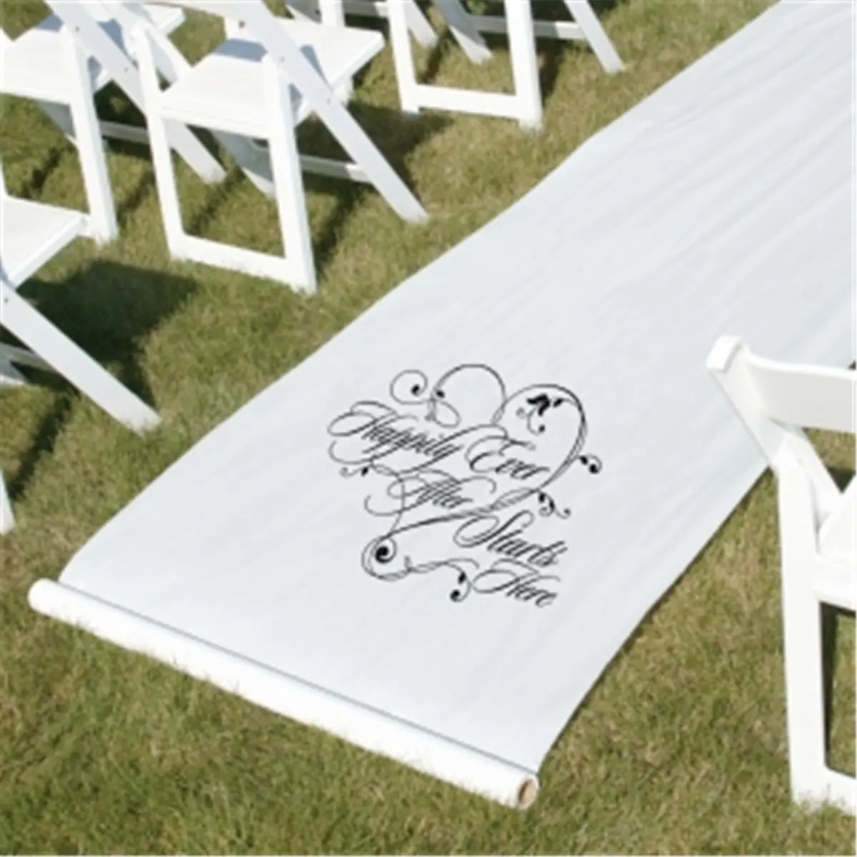 212 MAIN Rectangular White Rayon Wedding Aisle Runner - 36x100 ft, "Happily Ever After" Text Print, Pull Cord (Model 30060)