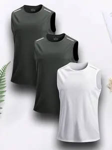 Men's Sports Vest, Plain Color Running Tank Top, Reflective Print Shoulder Design, Suitable for Basketball & Gym Workout,trampoline top