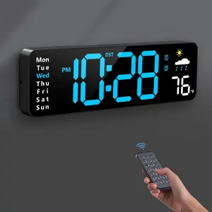 Large Screen LED Digital Wall Clock with Remote Control, Plug-in Alarm Clock, Displays Date, Week, Temperature & Humidity, Auto Time Calibration and Countdown Function, Ideal Decor for Bedroom, Living Room, Classroom and Office with Cool Blue Lighting