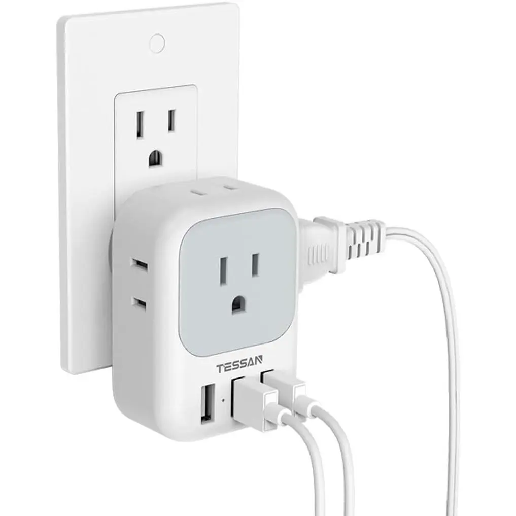 USB Charger Block with 4-Outlet Splitter and 3 USB Ports - Versatile Wall Adapter for Travel, Office, and Dorm Use cable  socket