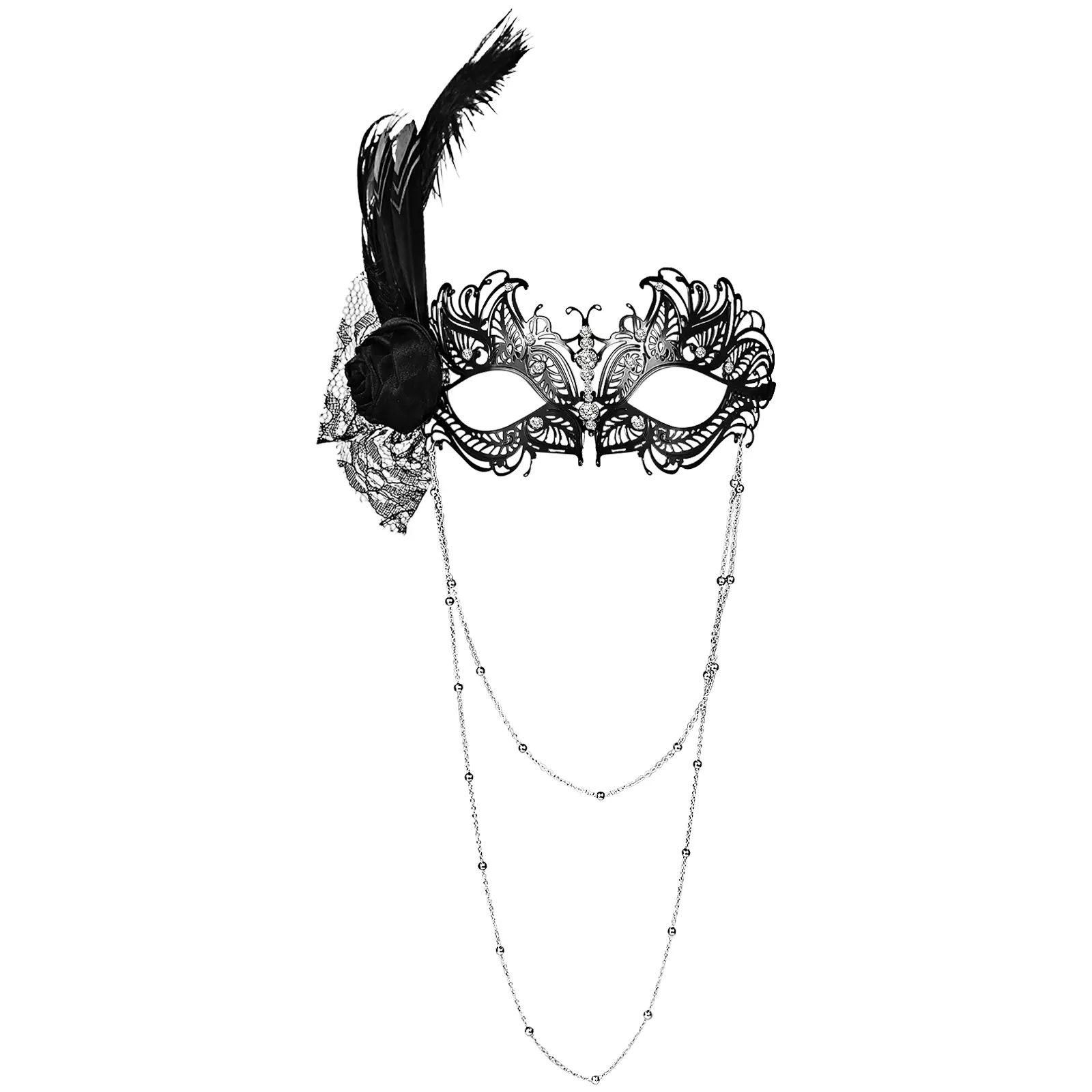 OIDEA Women's Venetian Masquerade Mask, Feathered Floral Lace Accessories with Rhinestones & Chain, Adjustable Party Prop Gift for Halloween, Strap, Removable, Polyester, Decoration, Venetian Mask, Comfortable, Adjustable Strap