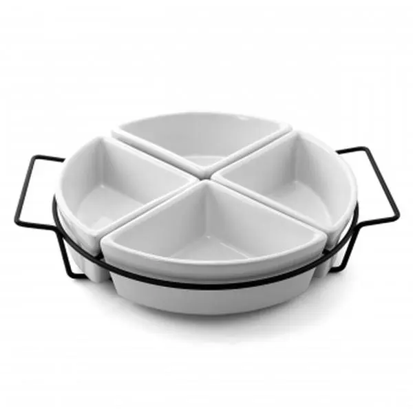 Gibson 92605.05 Gracious Fine Ceramic Dining Four Section Tray Set with Metal Rack, White