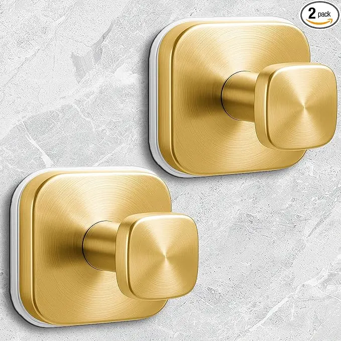 Suction Cup Hooks for Shower,Heavy Duty Shower Hooks for Bathroom Wall,Glass Windows,Smooth Doors to Hang Towels,Robes,Coat,Reusable Suction Cup Wreath Hanger for Christmas Wreaths - Satin Brass,2 Pack