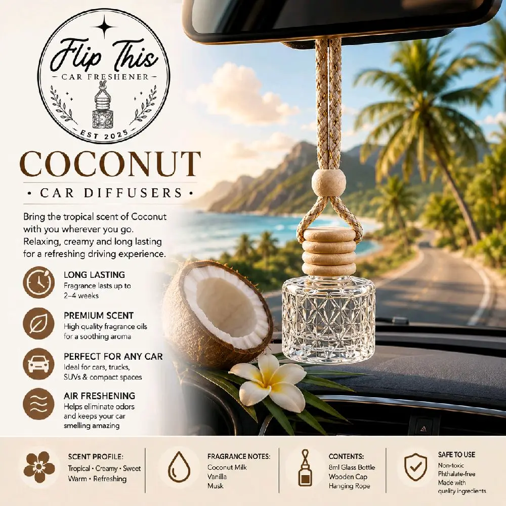 Coconut Hanging Car Diffuser 8ml Car Air Freshener Long Lasting Tropical Scent Coconut hanging car diffuser features a tropical, creamy and sweet fragrance for a refreshing driving experience. The 8ml glass diffuser bottle includes a wooden cap and hangin