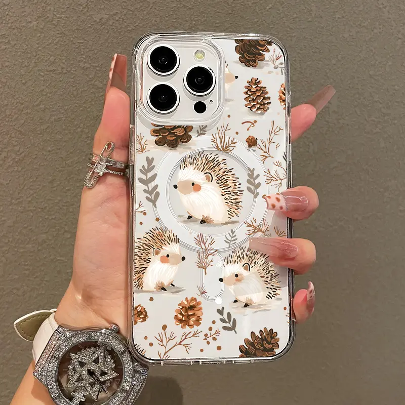 Trendy Magnetic Case for iPhone11/12/13/14/15/16/promax, Hedgehog & Pinecone Ultra Slim, MagSafe Support, Shockproof | Playful & Fun Style