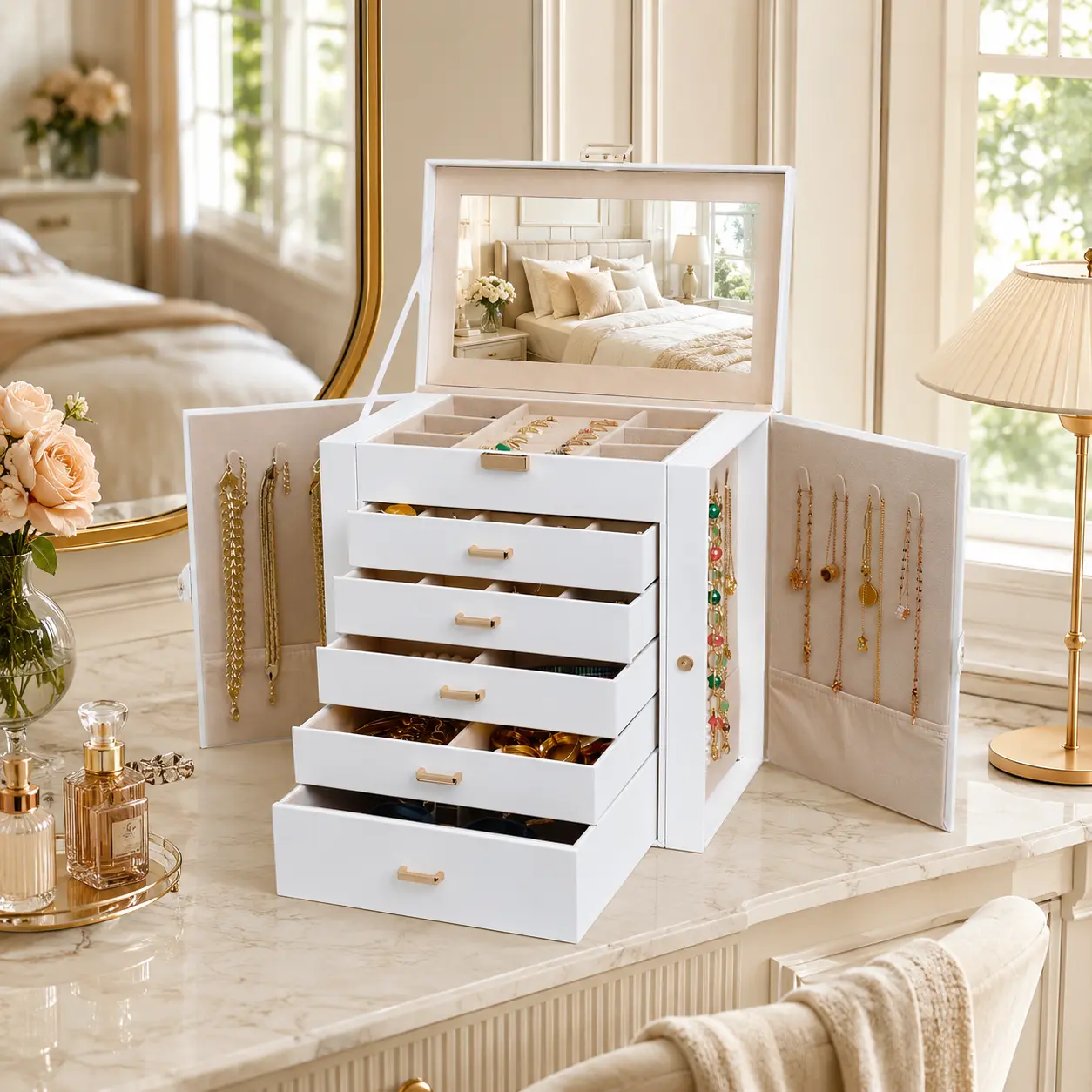 BOOVO 6-Tier Large Jewelry Organizer Box with Mirror, Multi Compartment White Leather Storage Case for Ring, Earring, Necklace, Bracelet. Clean Girl Aesthetic Room Decor, College Dorm Room Essentials, Premium Birthday Gift for Girls(White and Gold)