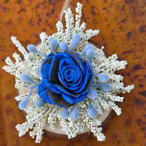 Wood Flower Ornament with Bright Blue and Cream Accents for Christmas Tree Elegant Home Decor Essential on Pine Wooden Disk Hangable Decoration 3 1/2" Diameter - Hanging, Set
