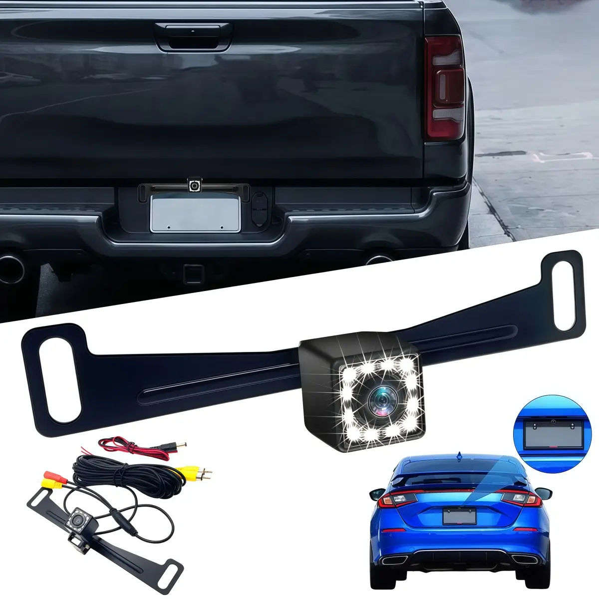 12 LED Car Backup Camera Night & Day Vision US License Plate Frame Rear View Camera, 170° Wide Angle Waterproof Universal Reverse Camera for Car SUV Truck RV