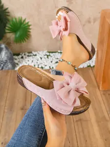 Women's Summer Bow Decor Polyurethane Shoes, Casual Fabric Sandals for Daily Parties Beach Vacation, Less Than Ankle Height Footwear