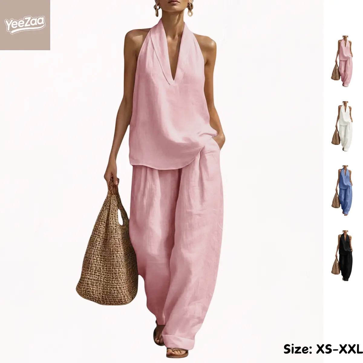 YeeZaa 2 Piece Linen Sets for Women 4th of July Holiday 85% Cotton 15% Linen Halter Top Wide Leg Pant Sets Cotton Linen Casual Two Piece Sets 2 Piece Summer Outfits Sleeveless V Neck Halter Tops Wide Leg Pants Travel Vacation Beach Trousers with Pockets