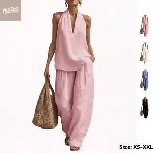 YeeZaa 2 Piece Linen Sets for Women 4th of July Holiday 85% Cotton 15% Linen Halter Top Wide Leg Pant Sets Cotton Linen Casual Two Piece Sets 2 Piece Summer Outfits Sleeveless V Neck Halter Tops Wide Leg Pants Travel Vacation Beach Trousers with Pockets