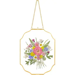 Hanging Pressed Flower Frame, 6x8 Inch Octagonal Wavy Shape Double Glass Frame for Pressed Flowers Vintage Brass Picture Frame for DIY Artwork Home Wall Decor(Gold)