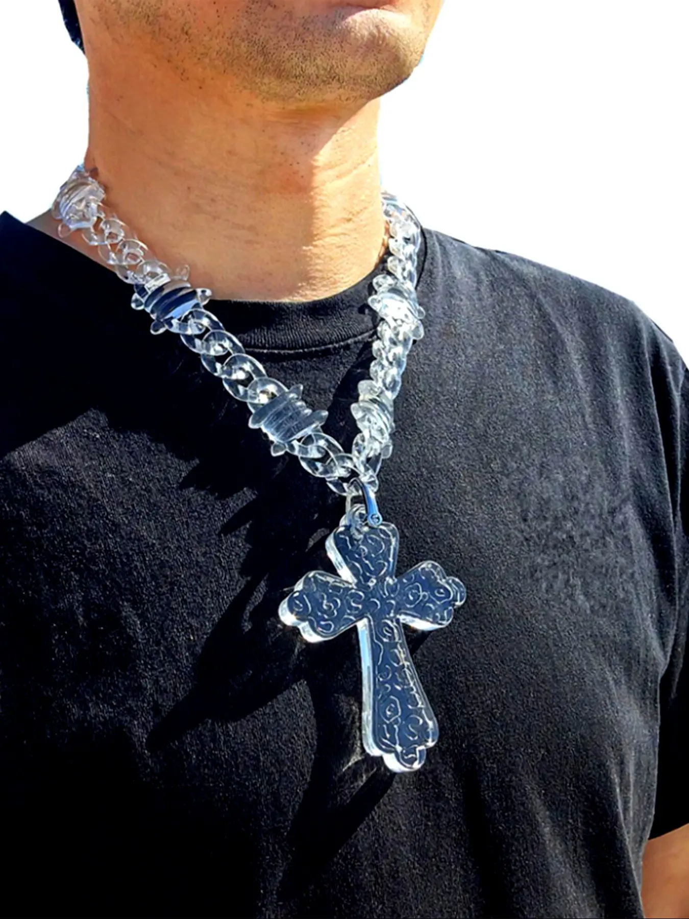 Men's Cross Pendant Necklace with Transparent Multi-Color Acrylic Chain, Unique Daily Style Jewelry, Fashion Accessory for Men, Trendy Fashionable Accessories, Cuban Cross Necklace