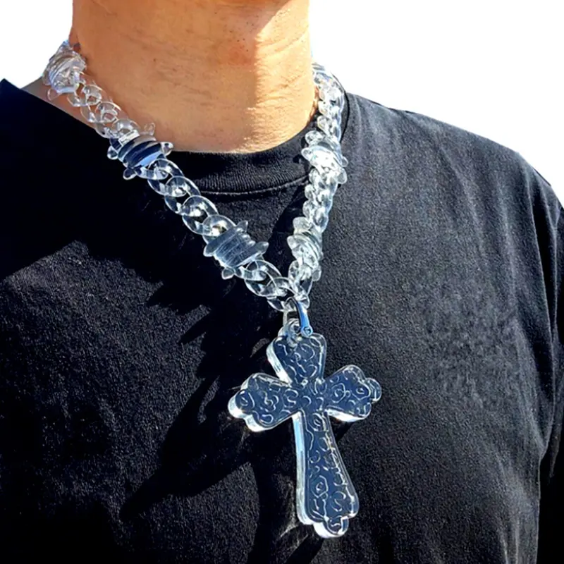 Men's Cross Pendant Necklace with Transparent Acrylic Chain, Fashion Jewelry for Men, Trendy Accessories for Daily Wear, Fashion Cool Accessories, Unique Cuban Link Chain Necklace