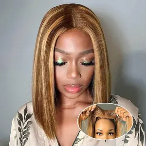 Uniky Hair Highlight Wig 6x4 Pre Cut Transparent Lace Closure Bob Wig Straight 4/27 Ombre Honey Blonde Straight Glueless Wig Pre Plucked With Baby Hair short wig human hair