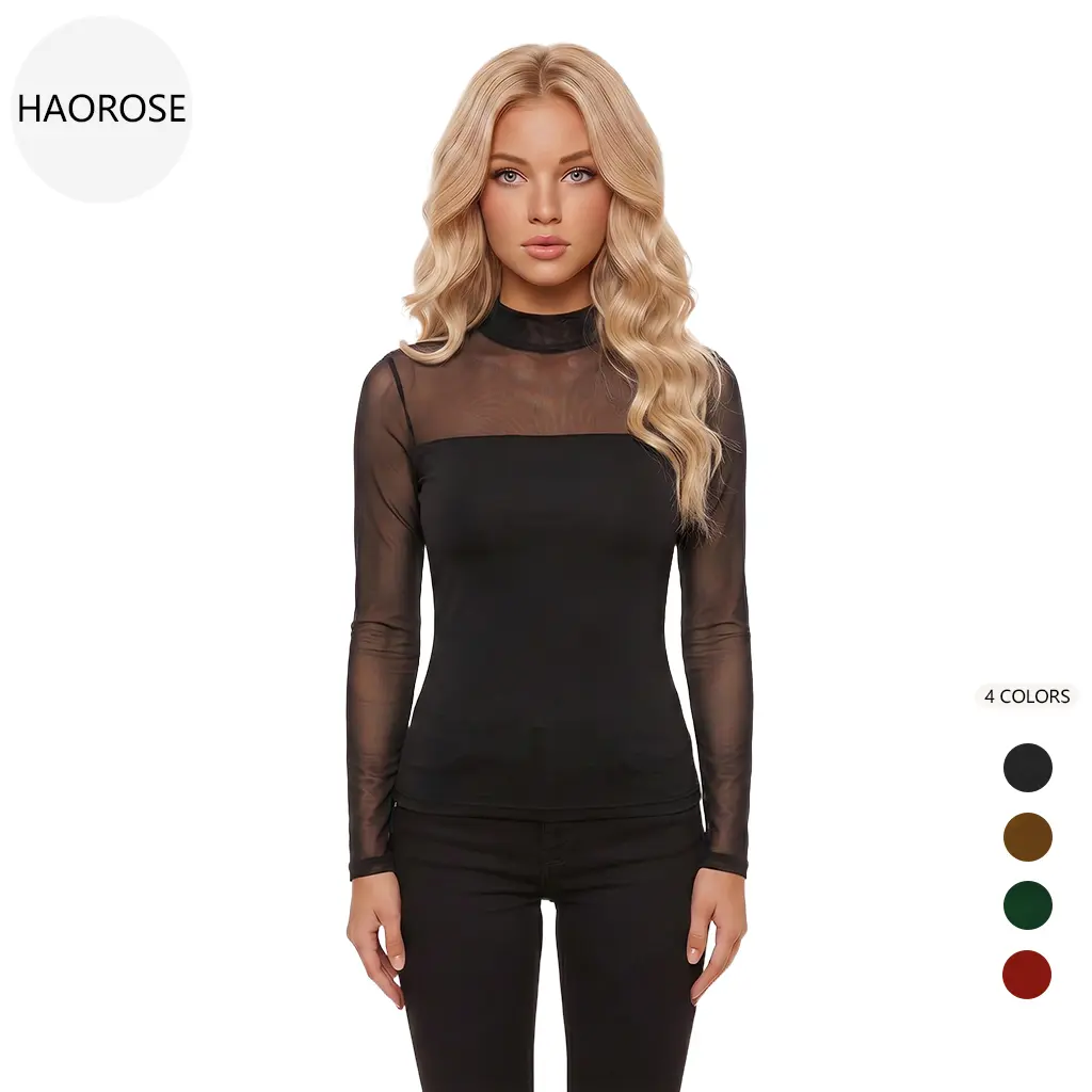 Women's Mock Neck Top, Lightweight Bodycon Blouse with Sheer Mesh Sleeves, Solid Lined Basic for Layering or Going Out Cropped Casual