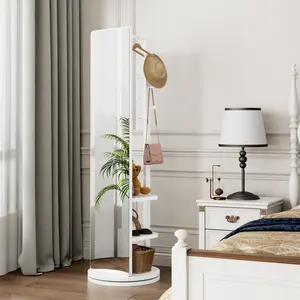 360° Rotating 69"x20" Multifunctional Full Length Mirror with Hook Storage Rack Coat Rack with Mirror Solid Wood Floor Mirror Bedroom Living Room Cloakroom Space Saving (white)