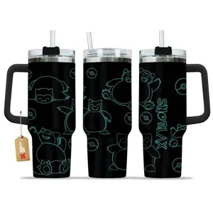 40oz Snorlax Handle Tumbler - PKM Stainless Steel Washable Insulated Beverage Flask with Lid, Anime-Inspired Vacuum Insulation Travel Mug, Large Iced Coffee Bottle, Otaku Gift