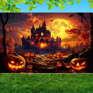Vintage Halloween Polyester Backdrop Cloth - Spooky Atmosphere with Pumpkin and Castle, Moonlit Fantasy Theme, Rectangle Pendant Drop Finial for Bedroom, Living Room, Photo Studio & Party Decor,