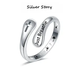 925 Sterling Silver Just Breathe Cross Ring for Women Men, Dainty Religious Faith Rings, Minimalist Anxiety Relief Jewelry Gift for Birthday Christmas Graduation, Hypoallergenic Silver Stacking Rings for Daily Wear