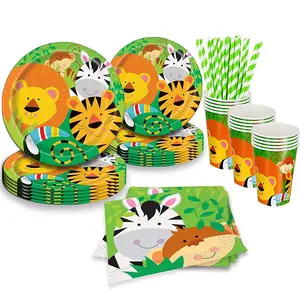 Animal Jungle Theme Party Set for 16 Guests with Banner and Tablecloth: Plates, Cups, Napkins, Cutlery – Wild Fun Ahead! Adventure Disposable Knives