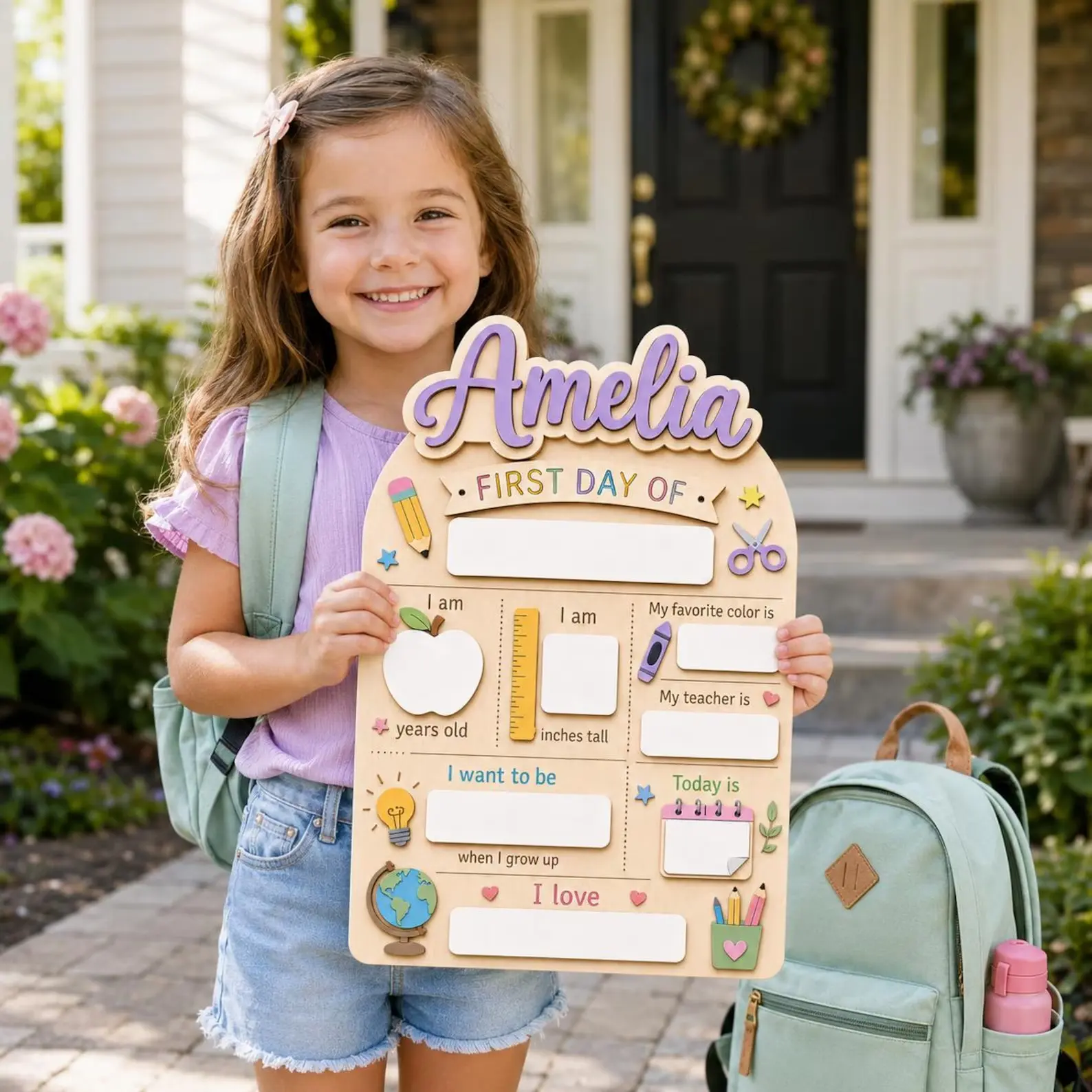 Personalized Pastel Rainbow First Day of School Board – Reusable Dry Erase Wooden Acrylic Sign for Kids, Back to School Photo Prop, Custom Name Sign