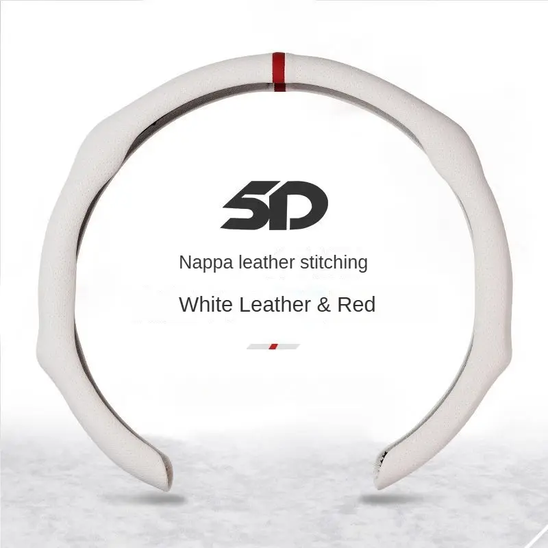 White Nappa Leather 5D Universal Steering Wheel Cover for GMC - Ultra-Thin, Lightweight, Breathable, Non-Slip, Quick Install, Centering Mark, All-Season Fit, Premium Automotive Interior Accessory, Car/Auto Parts Accessories (Nappa Leather Upgrade)