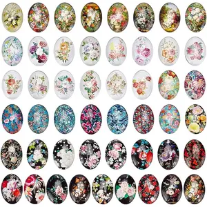 50 count Oval Glass Cabochons, 25x18mm Flower Printed Glass Cabochons  Mixed Color Mosaic Tile for Craft oto Pendant Earring Necklace   Making